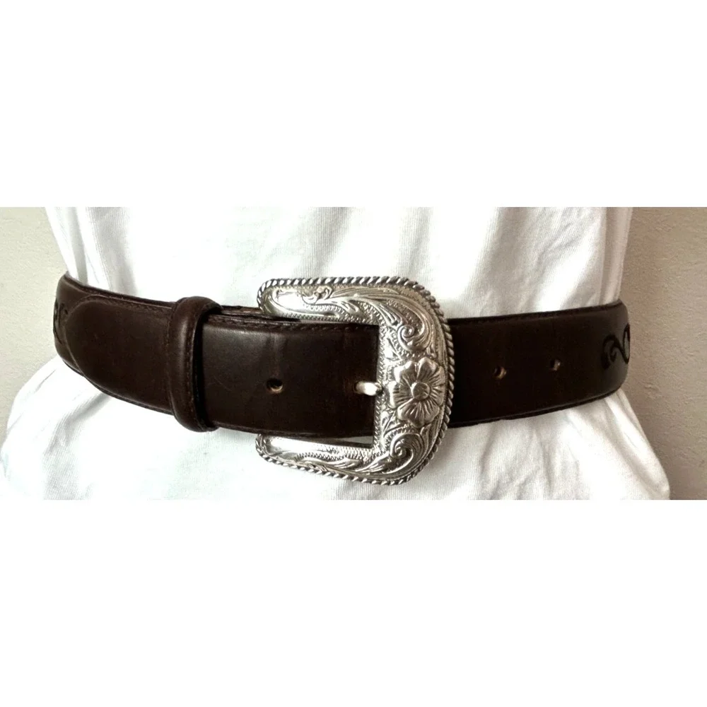 Brighton Americana Embroidered Leather Belt 28 Silver Tone Large Etch Buckle EUC